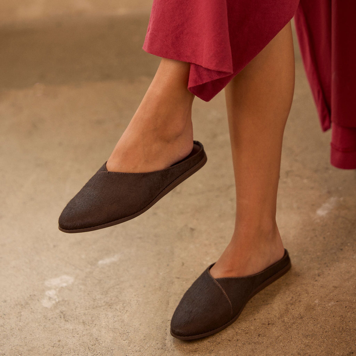 On model image of the Womens Amelia Mule Chocolate Brown Hair Leather