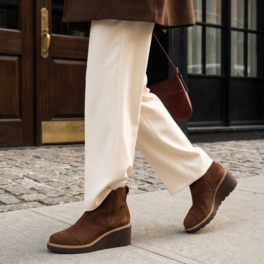 On model image of the Womens Mina Wedge Boot Water Repellent Hot Cocoa Suede