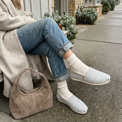 On model image of the Womens Alpargata Classic Light Grey Heritage Herringbone w/ Faux Fur