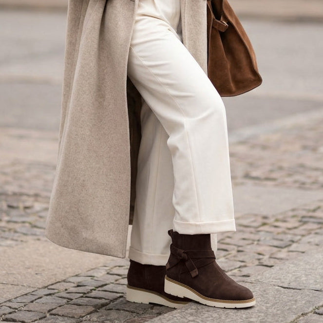 On model image of the Womens Marlow Boot Water Repellent Chocolate Brown Suede