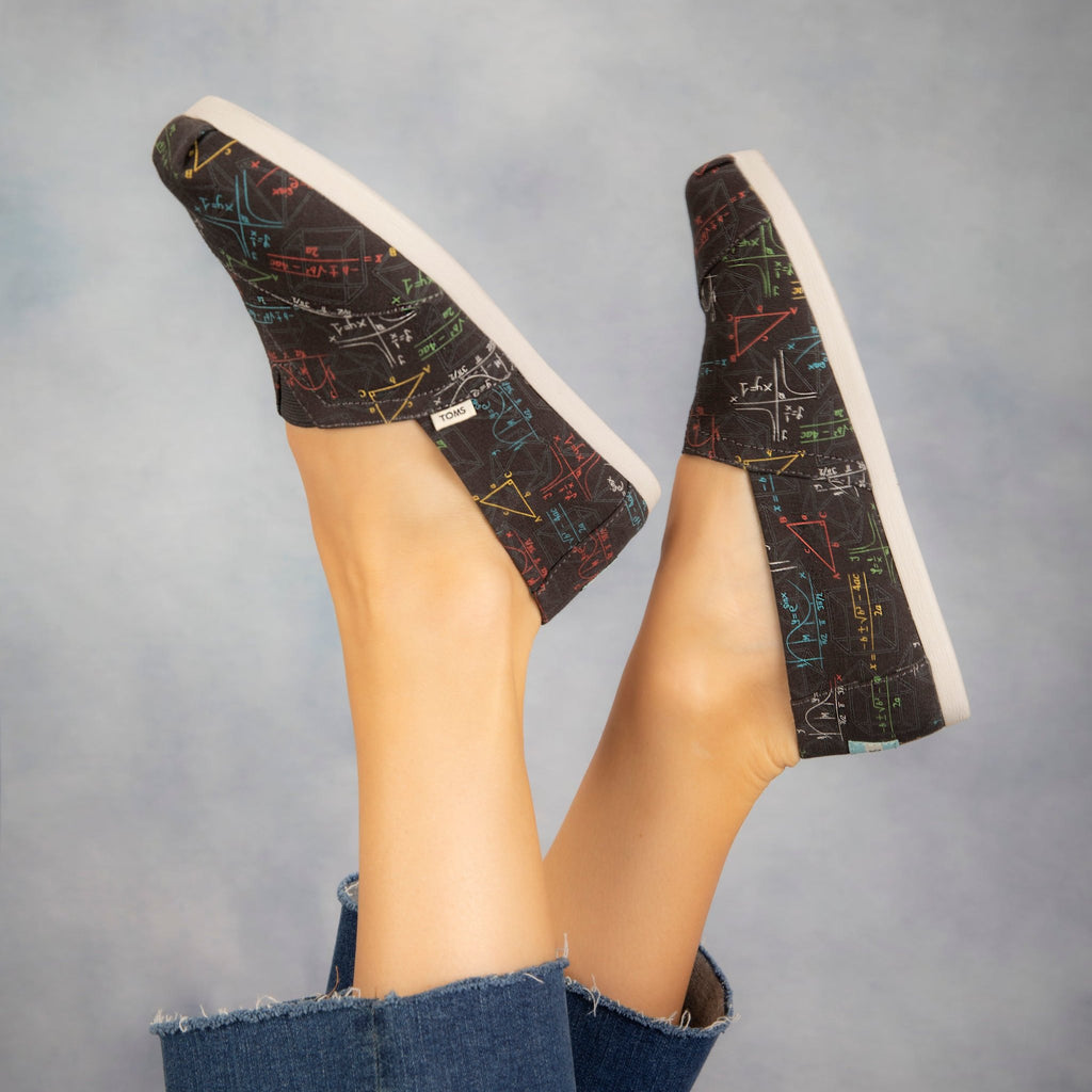 alpargata slip on shoe with math gliw in the dark print up close on model