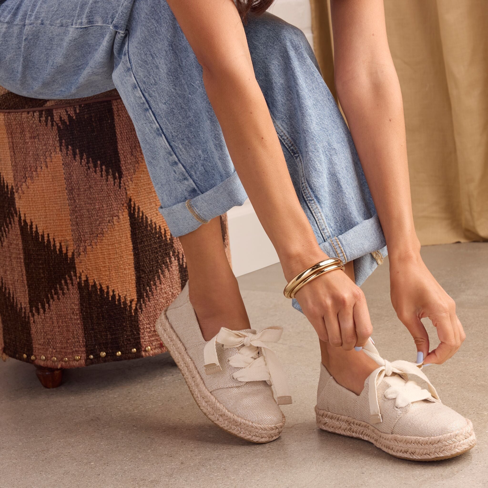 On figure image of the champagne glimmer Carolina Lace Up espadrille