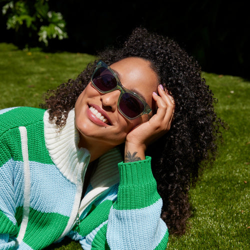 margot sunglasses in jade crystal on model detail shot