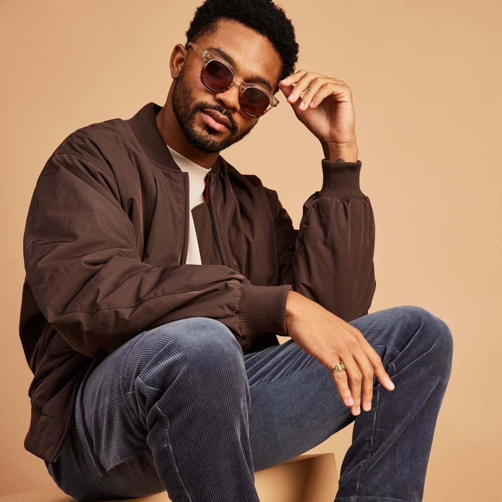 rome sunglasses in brown fade on male model up close detail shot