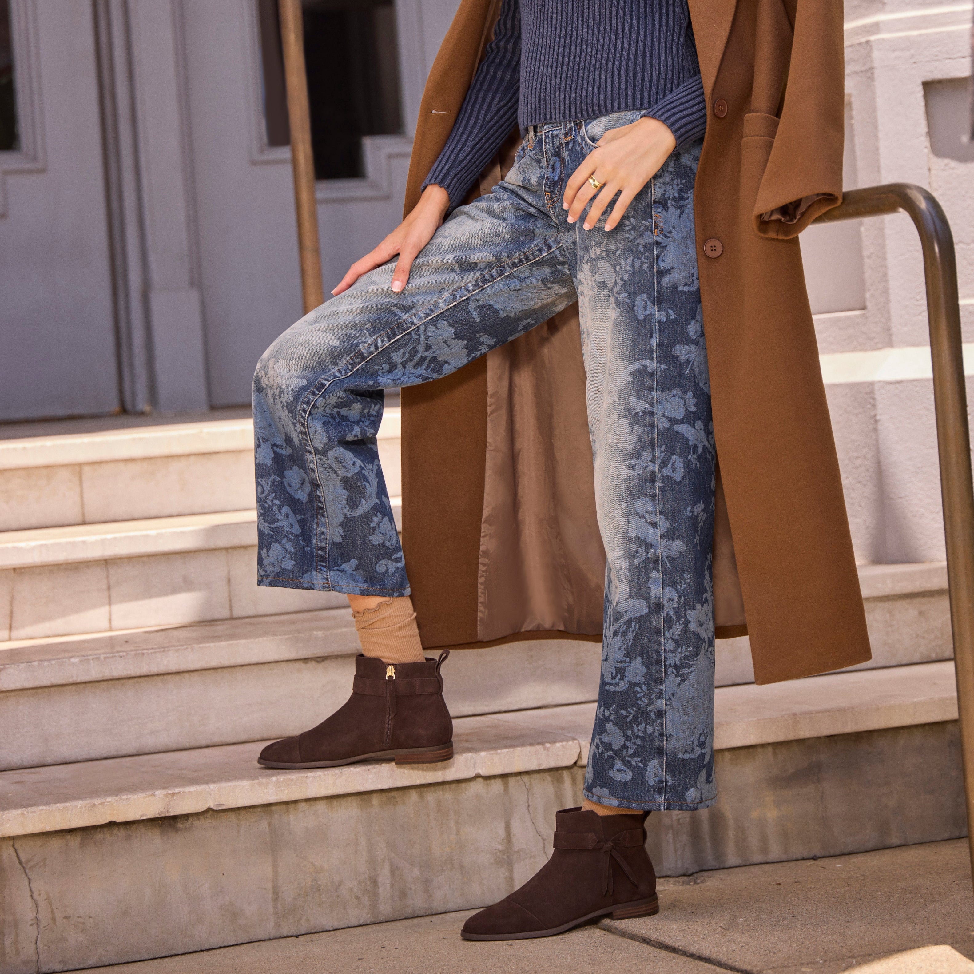 On model image of the Womens Stacey Ankle Bootie Chocolate Brown Suede