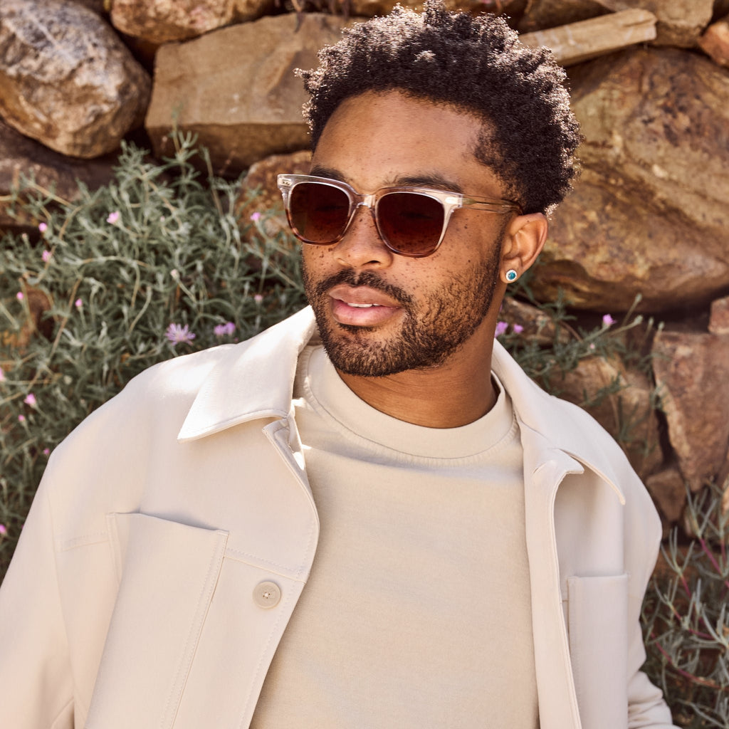 memphis mocha stripe on male model up close detail shot