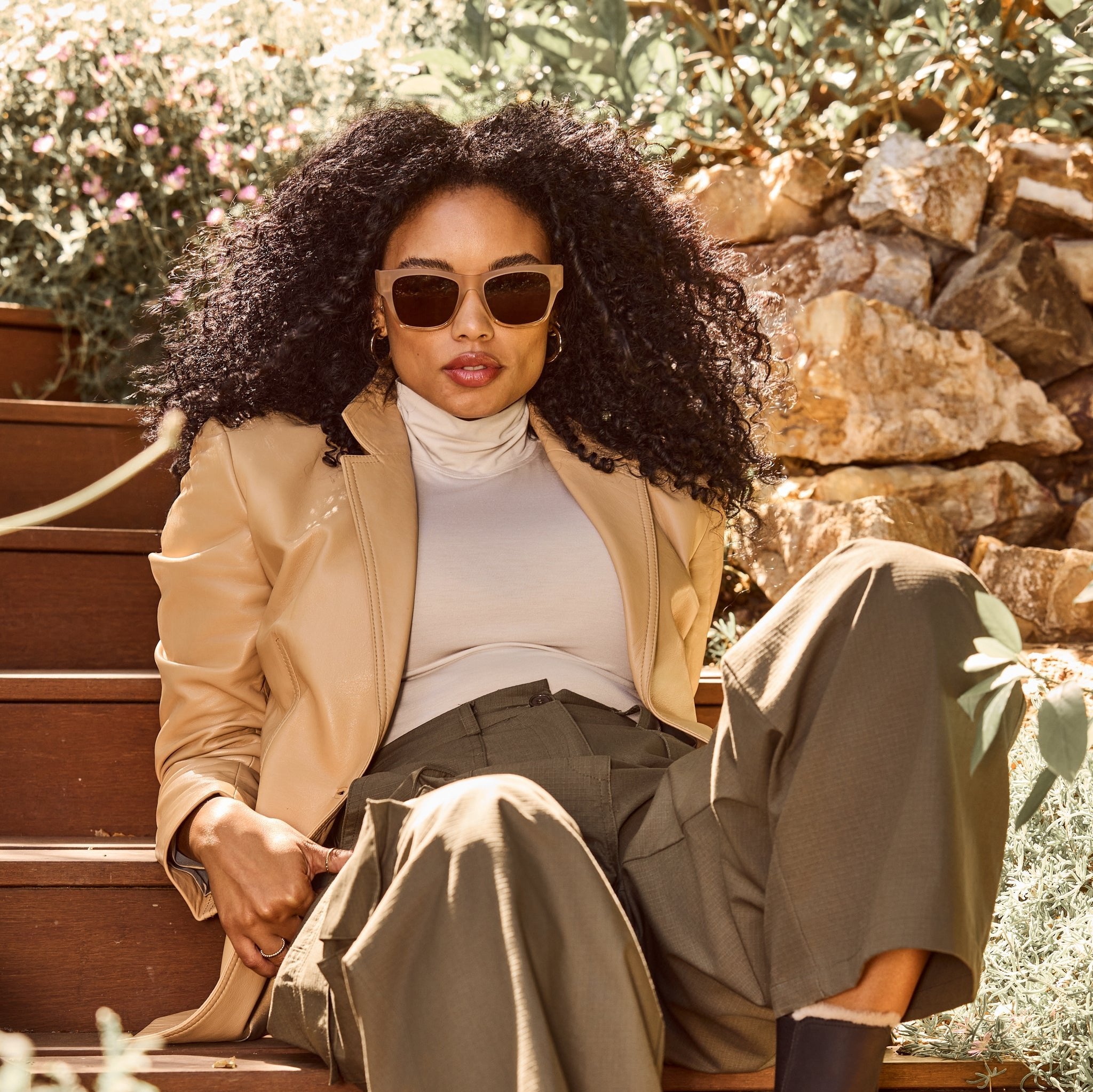 natasha sunglasses on model dressed in fall wardrobe detail shot