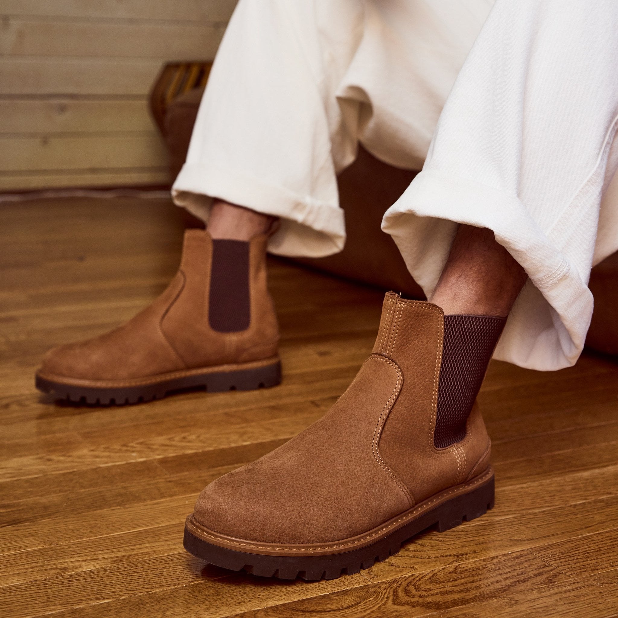 mens griffin chelsea boot in brown water resistant leather up close on model detail shot