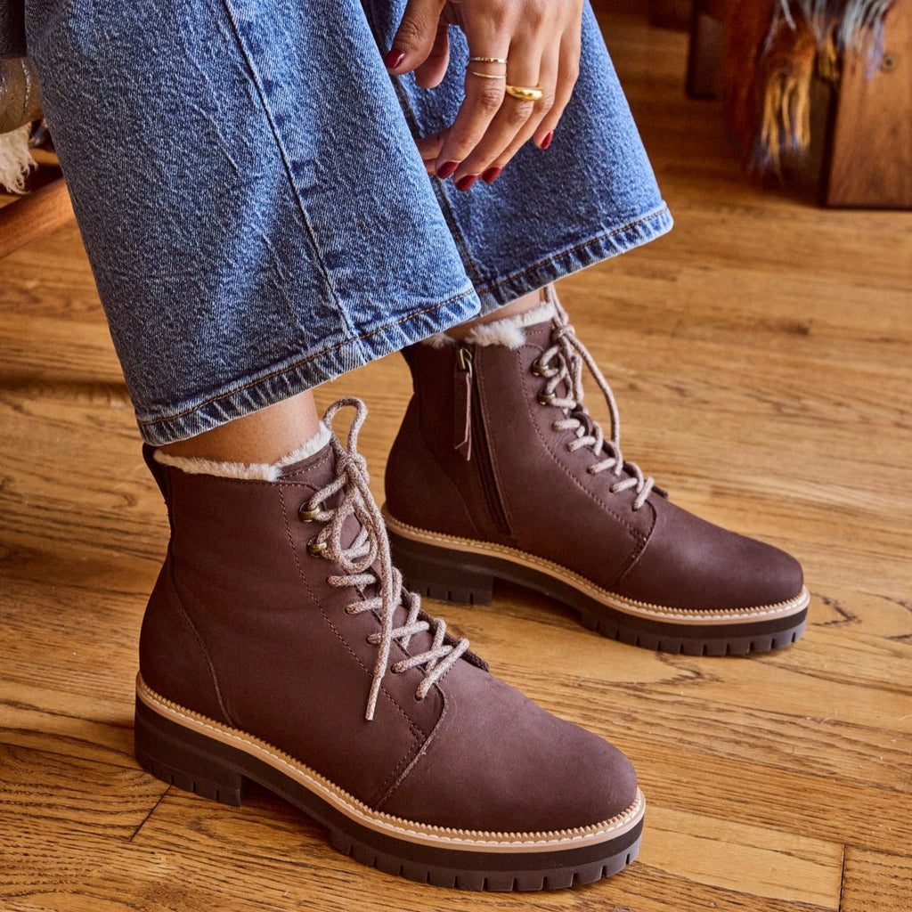 Wylder Boot - Water Resistant Oak Brown Nubuck Leather Faux Fur on model shot