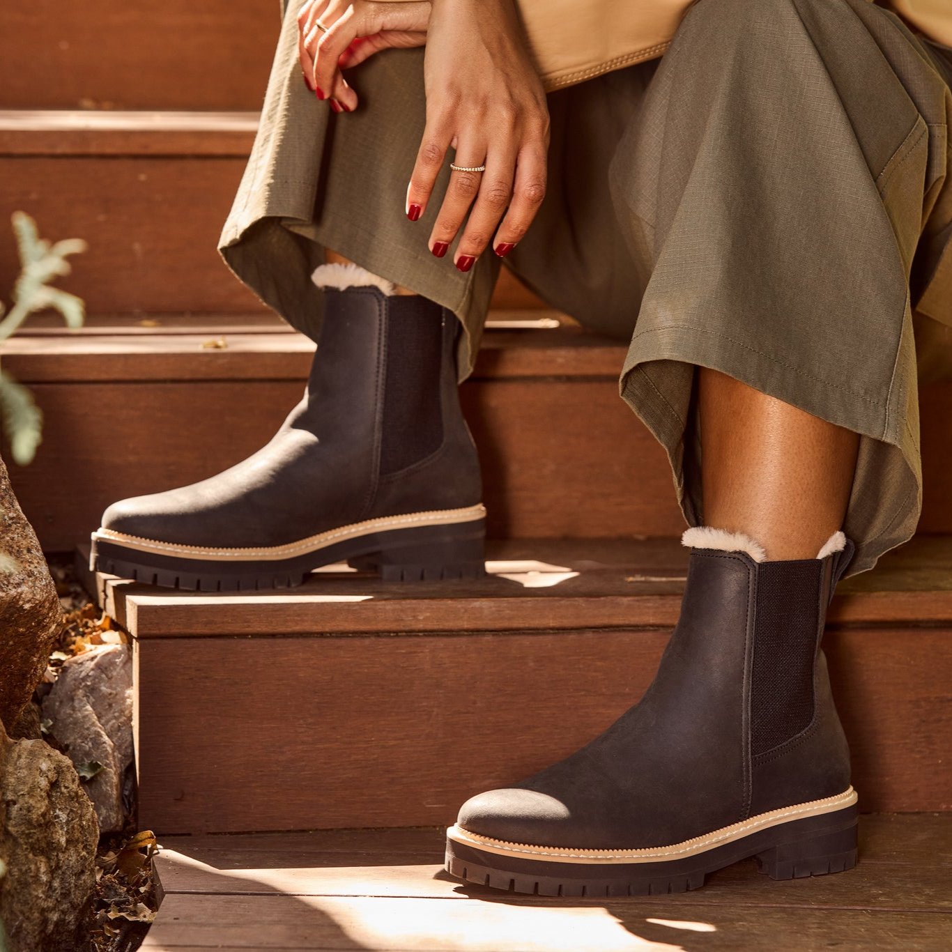 bennet black leather boot with faux fur on model detail shot