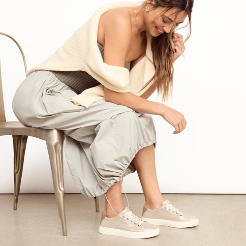 kameron lace up sneaker in champagne metallic sneaker on model