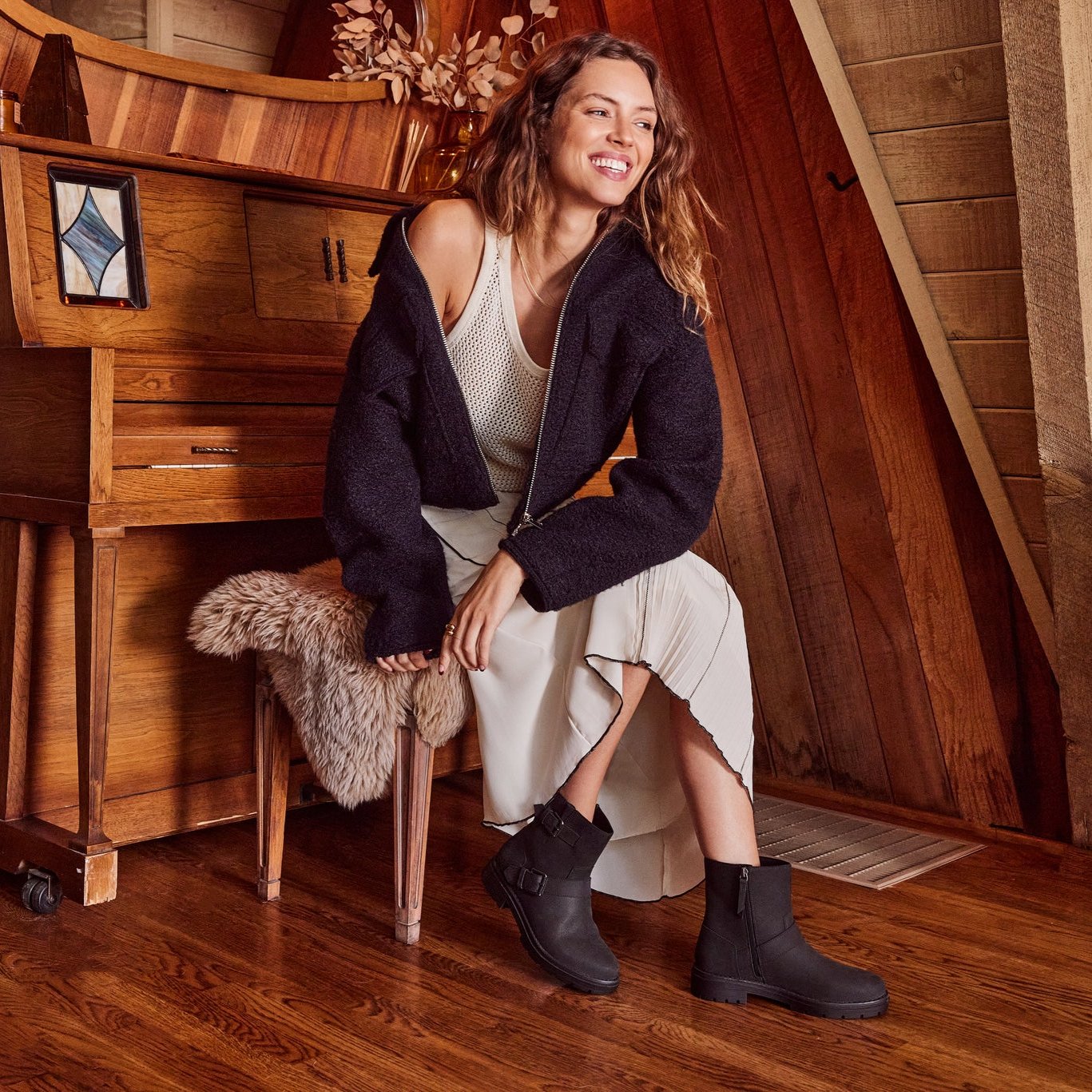 Ionie Black Moto boot on model lifestyle shot