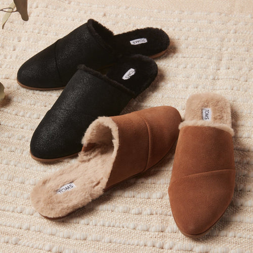 Laydown image of the cozy brown suede Jade mule flats