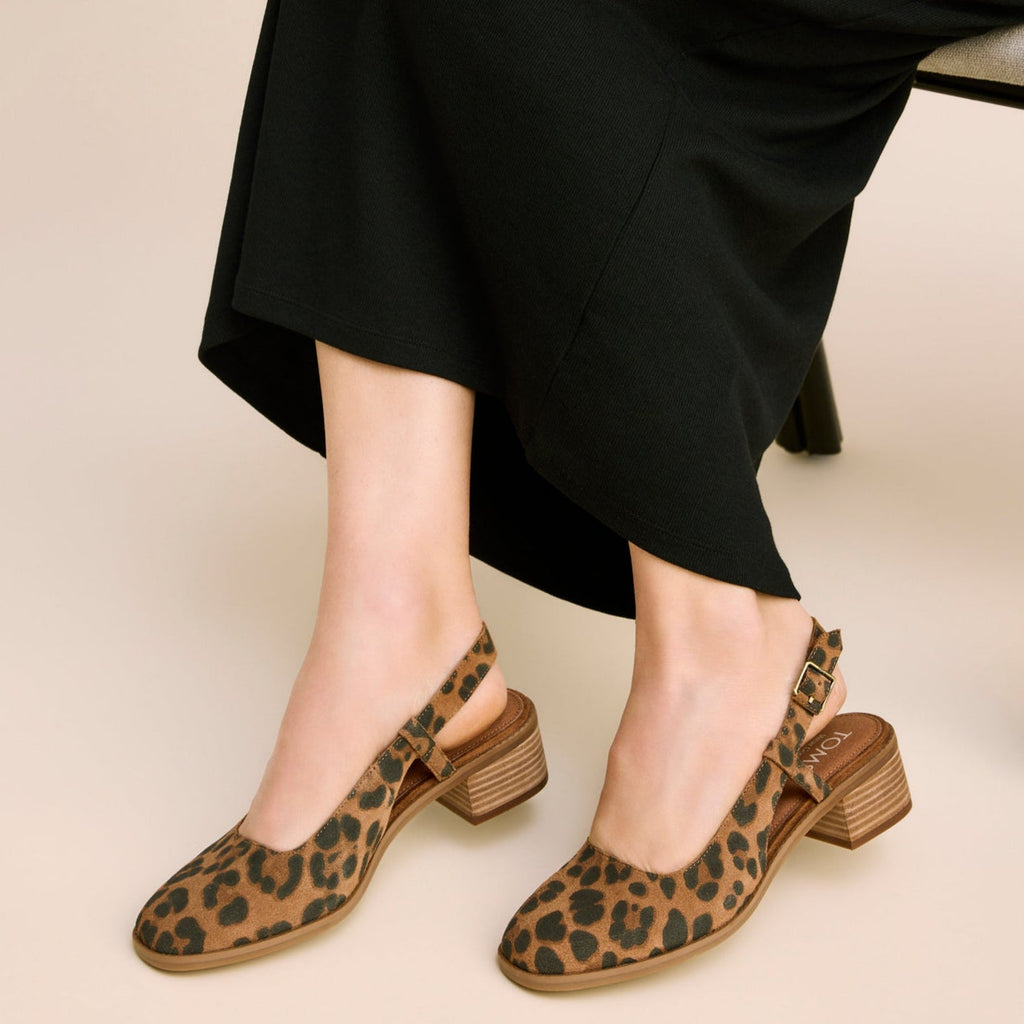 On figure image of the brown sugar leopard suede Jaclyn Slingback heels