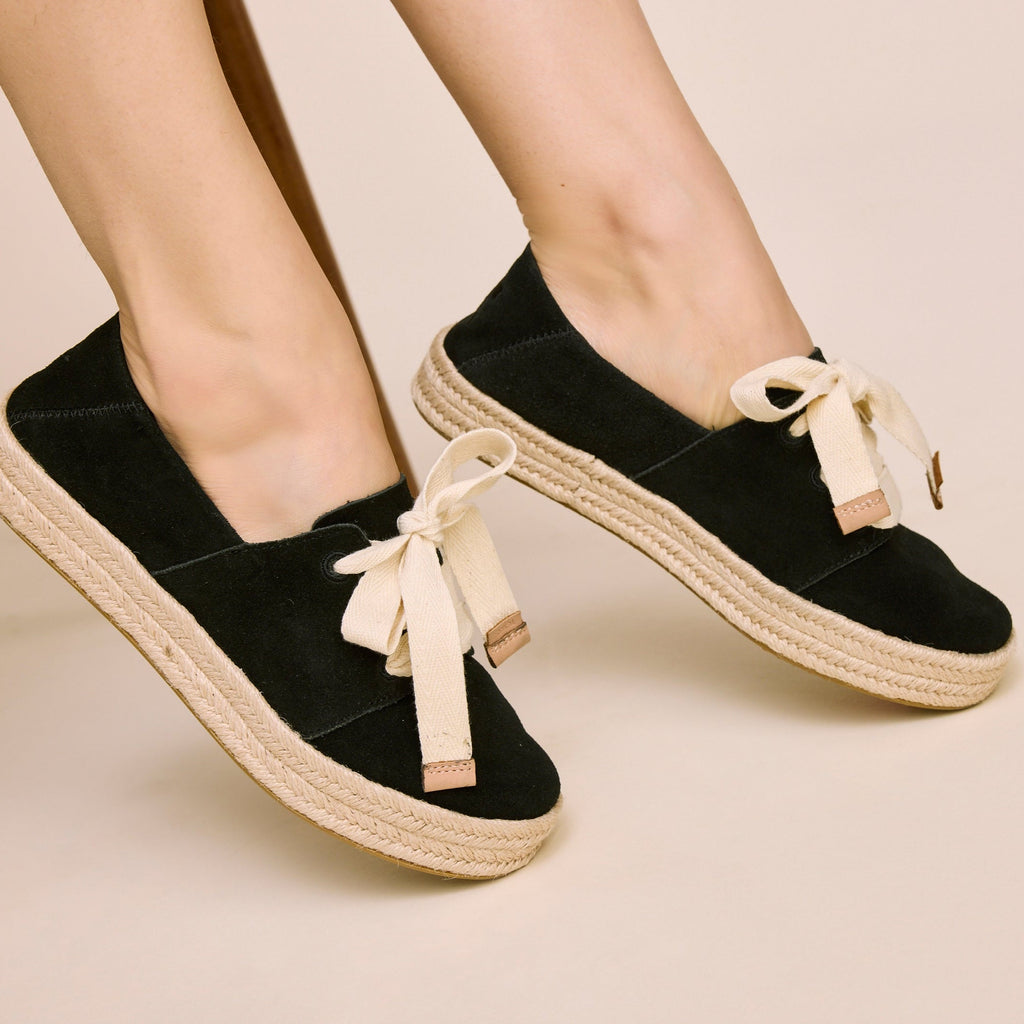 On figure image of the black suede lace up Carolina Espadrille