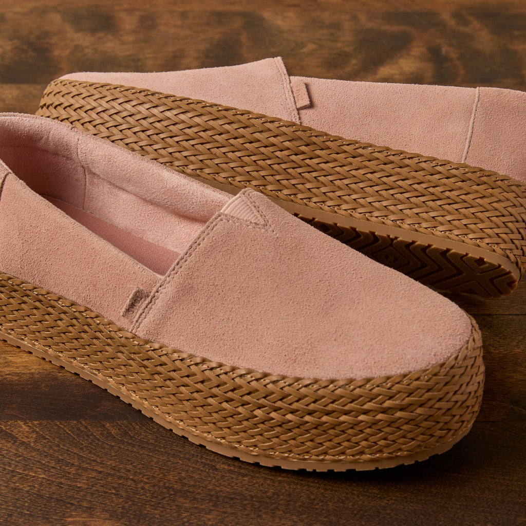 Laydown detail shot of the pink cafe creme Valencia platform espadrilles