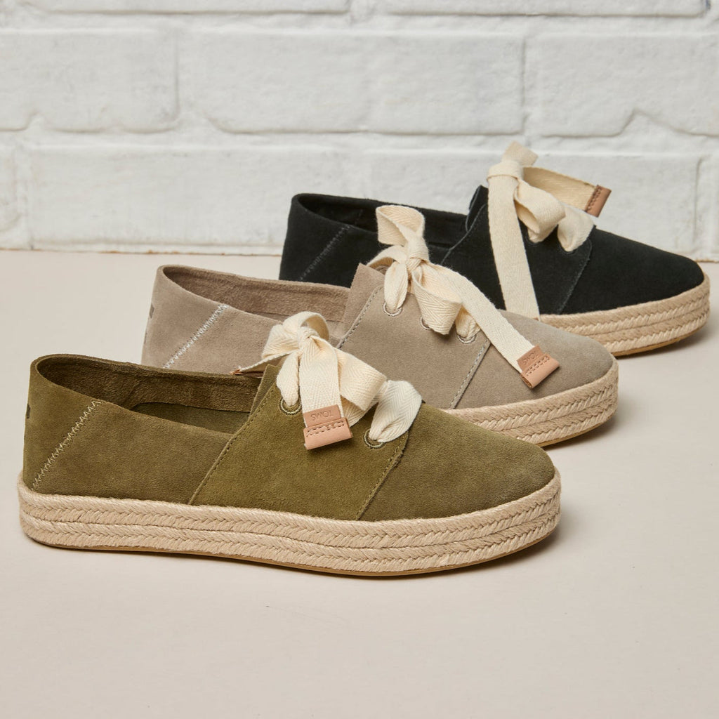 Laydown image of the suede military olive Carolina Lace up espadrille