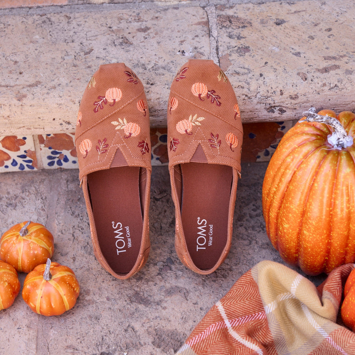 Laydown image of the corduroy embroidered pumpkin alpargatas