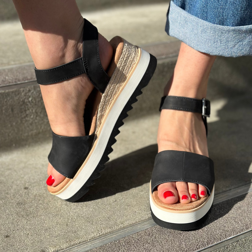 Diana wedge sandal in black leather up close detail shot
