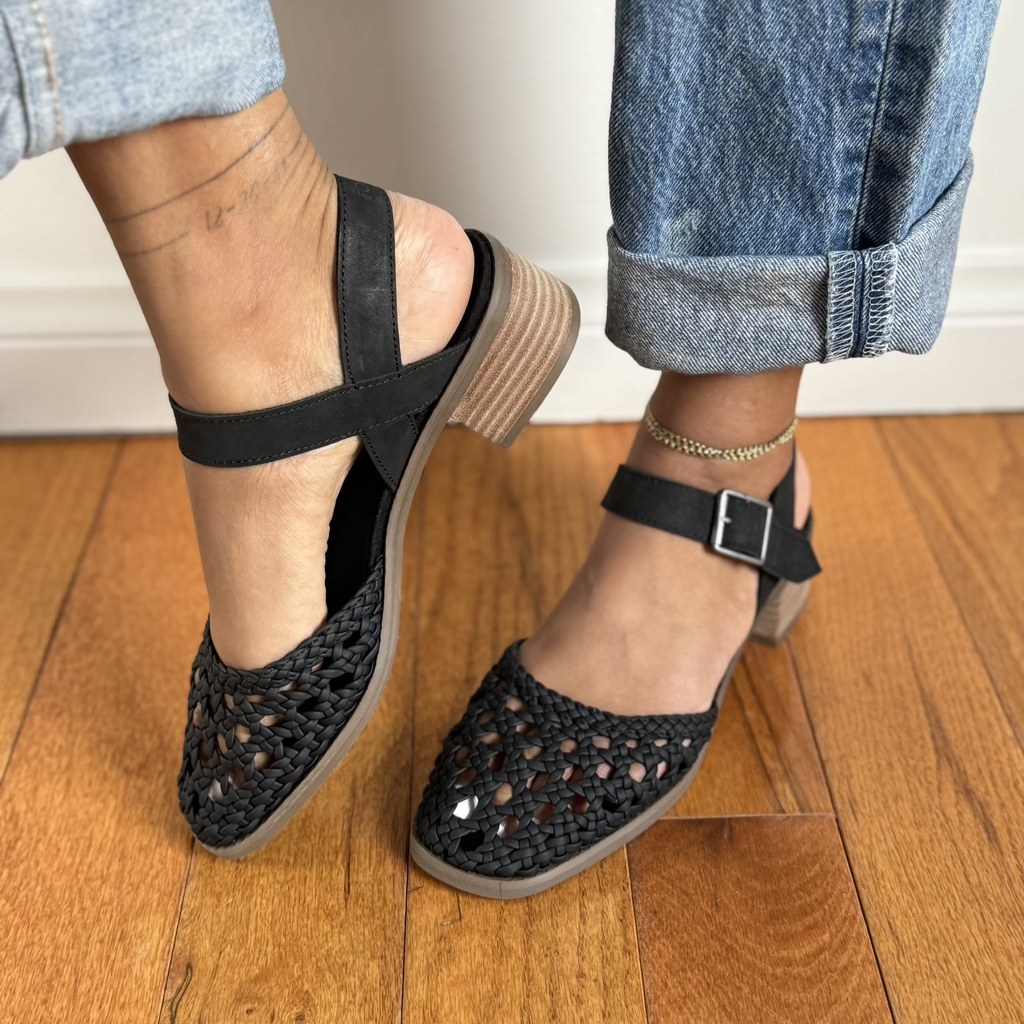 jaclyn black knotted leather mary jane block heel casual shoe detail shot