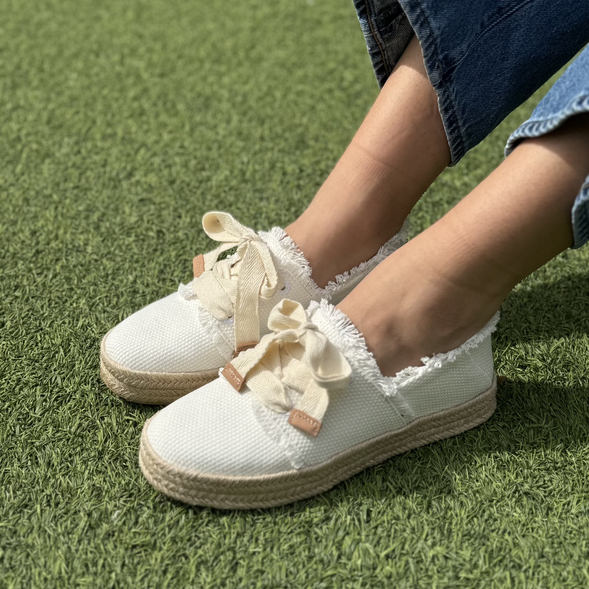 carolina lace up in white beachside woven up close detail shot