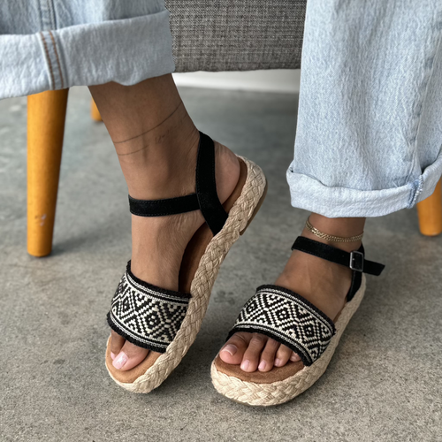 abby espadrille sandal in black global woven up close detail shot