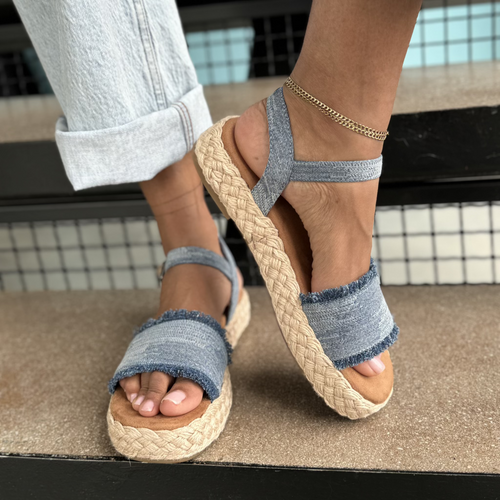 abby espadrille sandal in frayed denim up close detail shot
