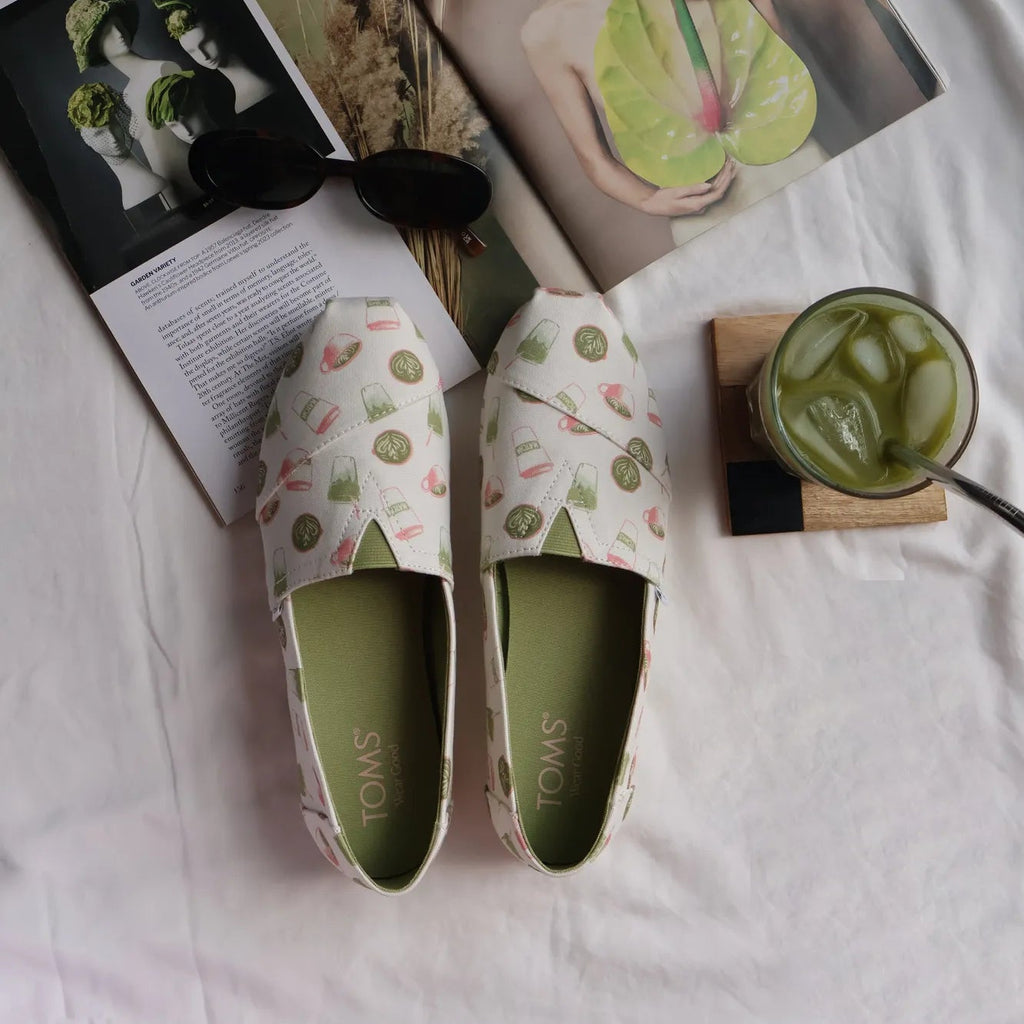 Limited edition Matcha Alpargata styled with matcha drink, magazine and sunglasses