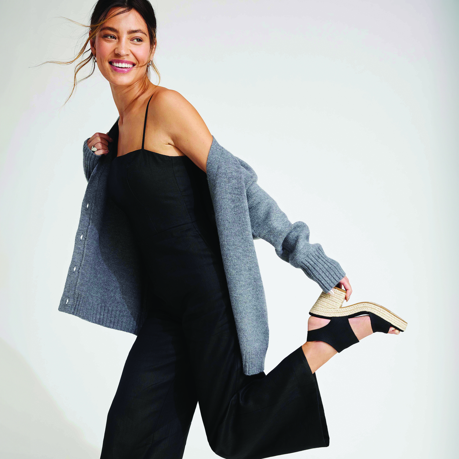 Majorca Black Textile Rope Heeled Sandal On Model Styled With Black Jumper