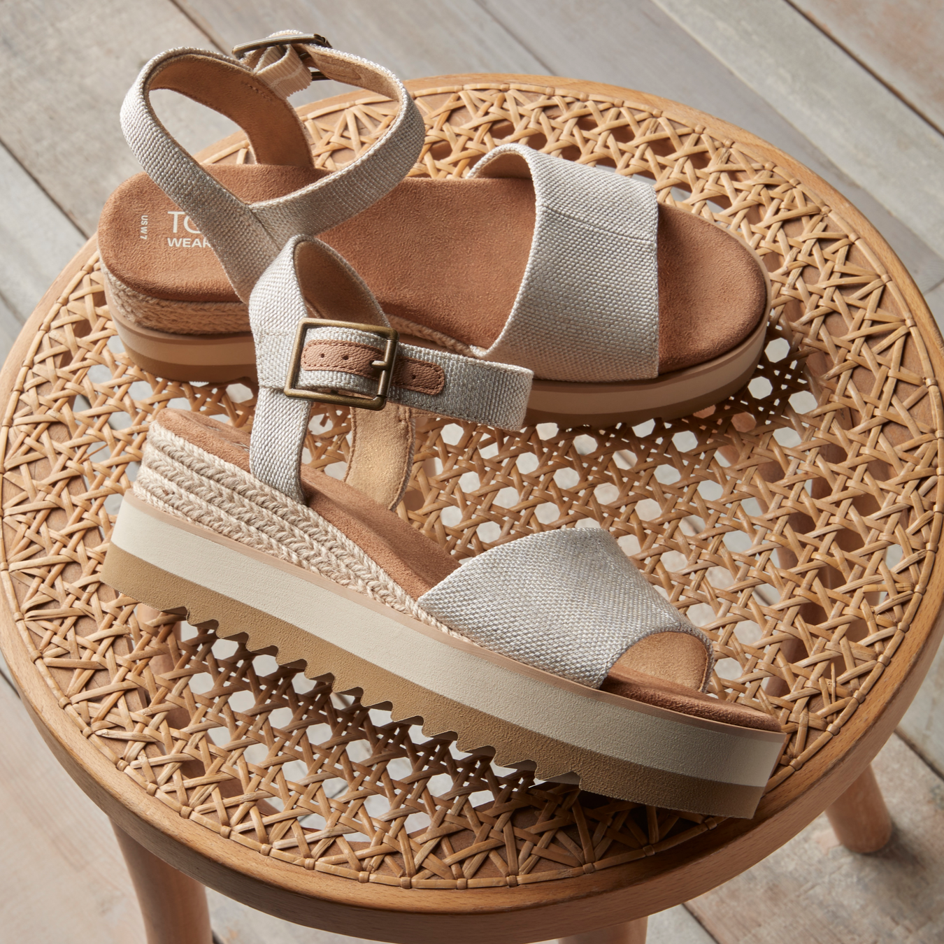 Diana Mule In Natural Textile Rope Wedge Sandal On Ratan Table Up Close Detail