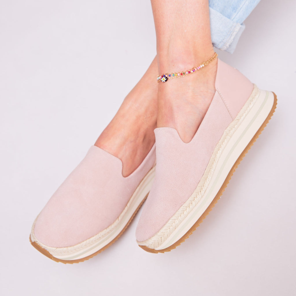 Jocelyn Sneaker In Pink Suede Up Close On Foot With Detail Of Rope And Sole