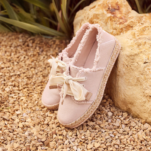 Laydown image of the pink Carolina lace up espadrille from the Rocky Barnes campaign
