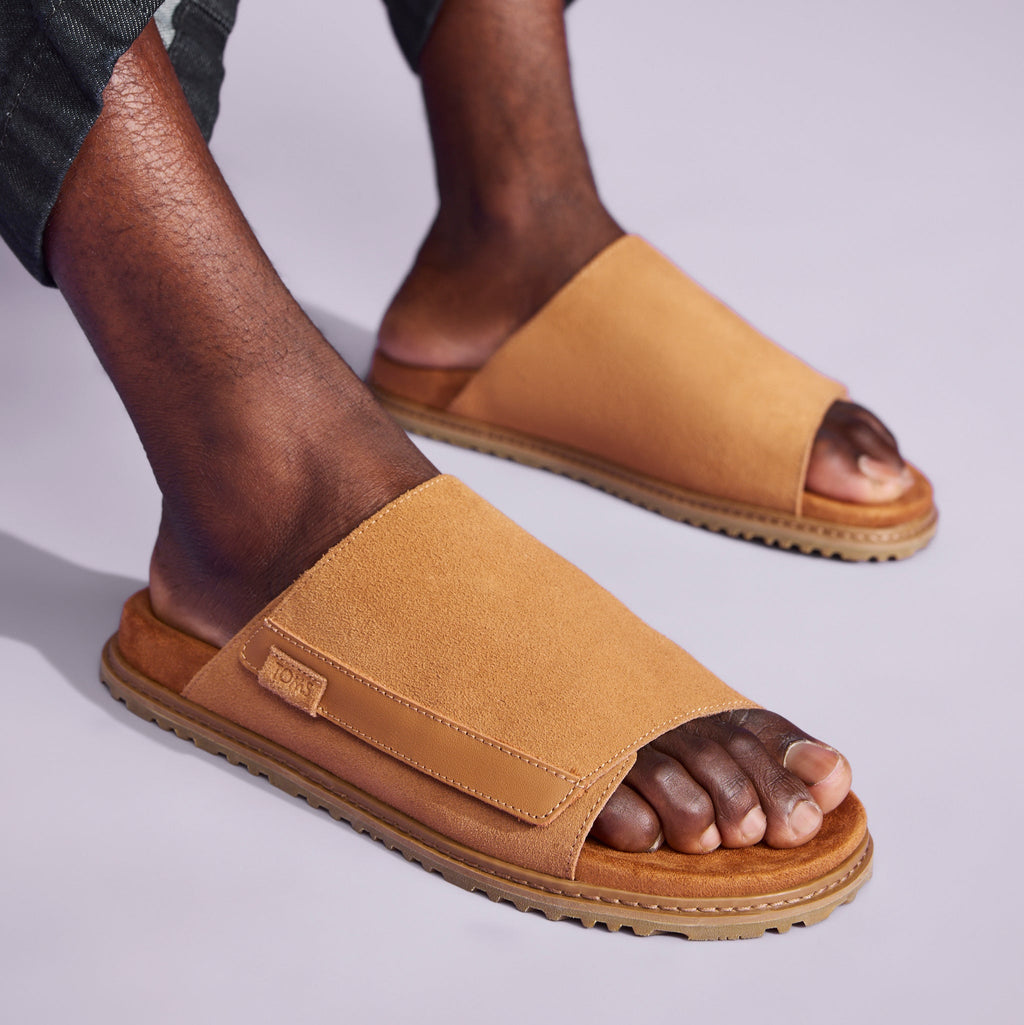 mens danillo fully adjustable sandal in tan on model up close detail shot