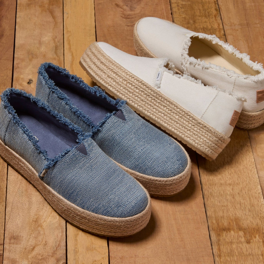 Laydown image of the dark sky textured denim Valencia Espadrille
