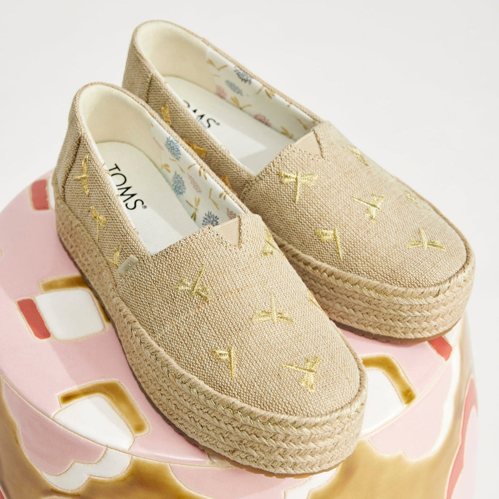 Laydown image of the natural undyed dragonflies print Valencia Platform Espadrille