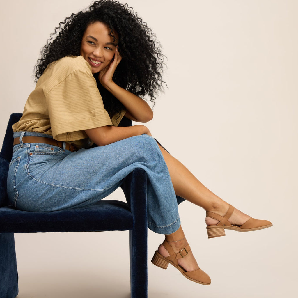 jaclyn brown leather mary jane dress casual shoe on model