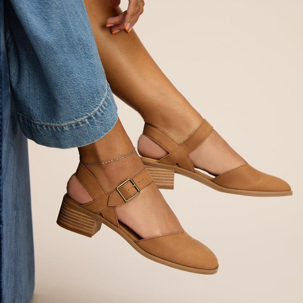 jaclyn brown leather mary jane dress casual shoe on model