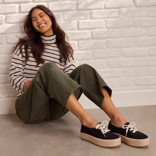 On model image of the black Valencia lace up espadrille