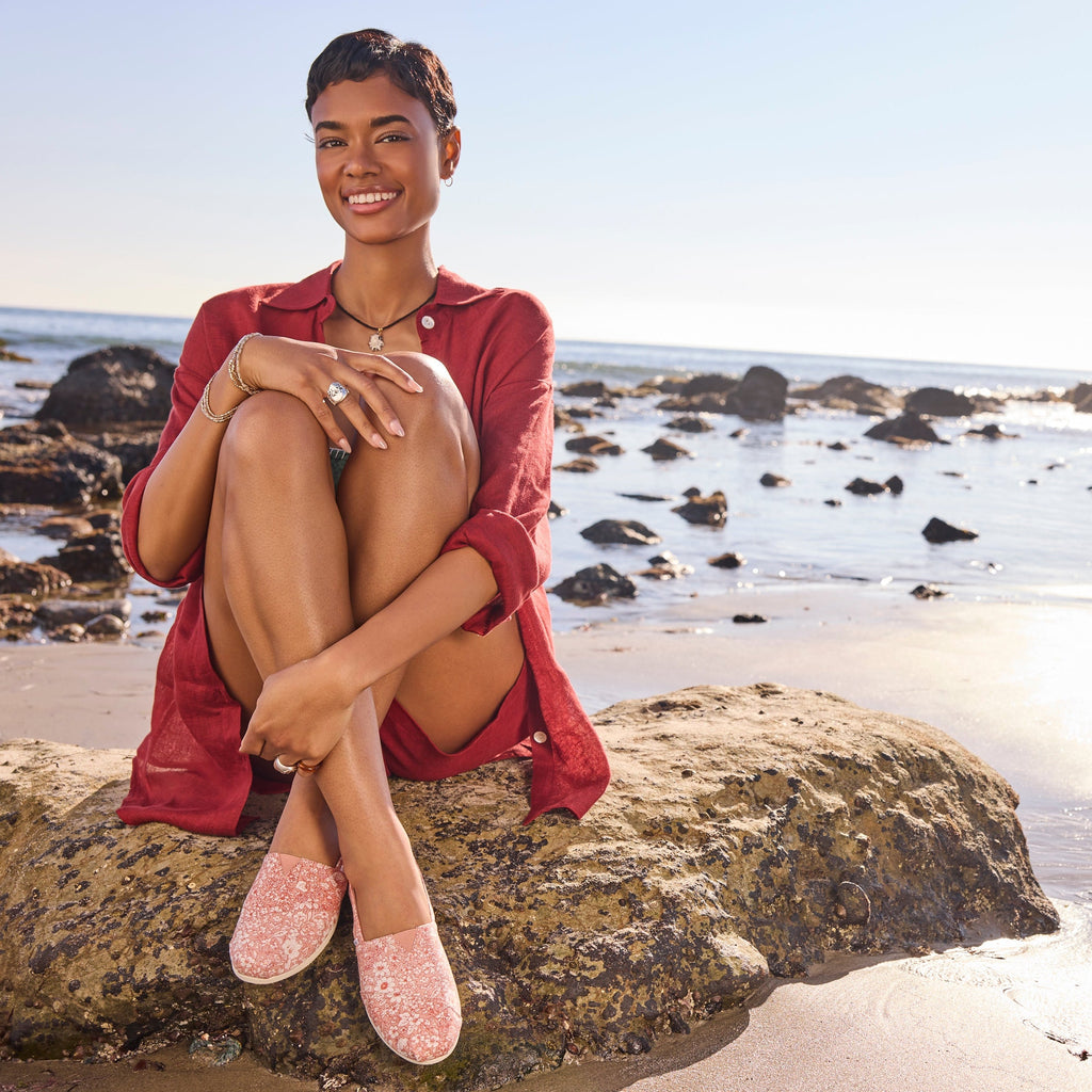 On model image of the pink bloom floral alpargata