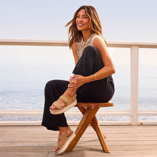 On model image of the almond crochet Giana platform sandal