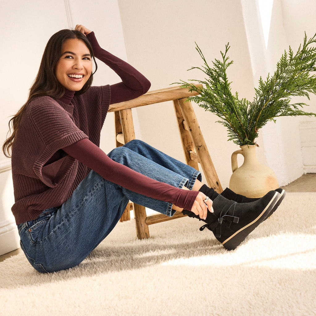 On model shot of the Water Repellent Black Suede Womens Marlow Boot