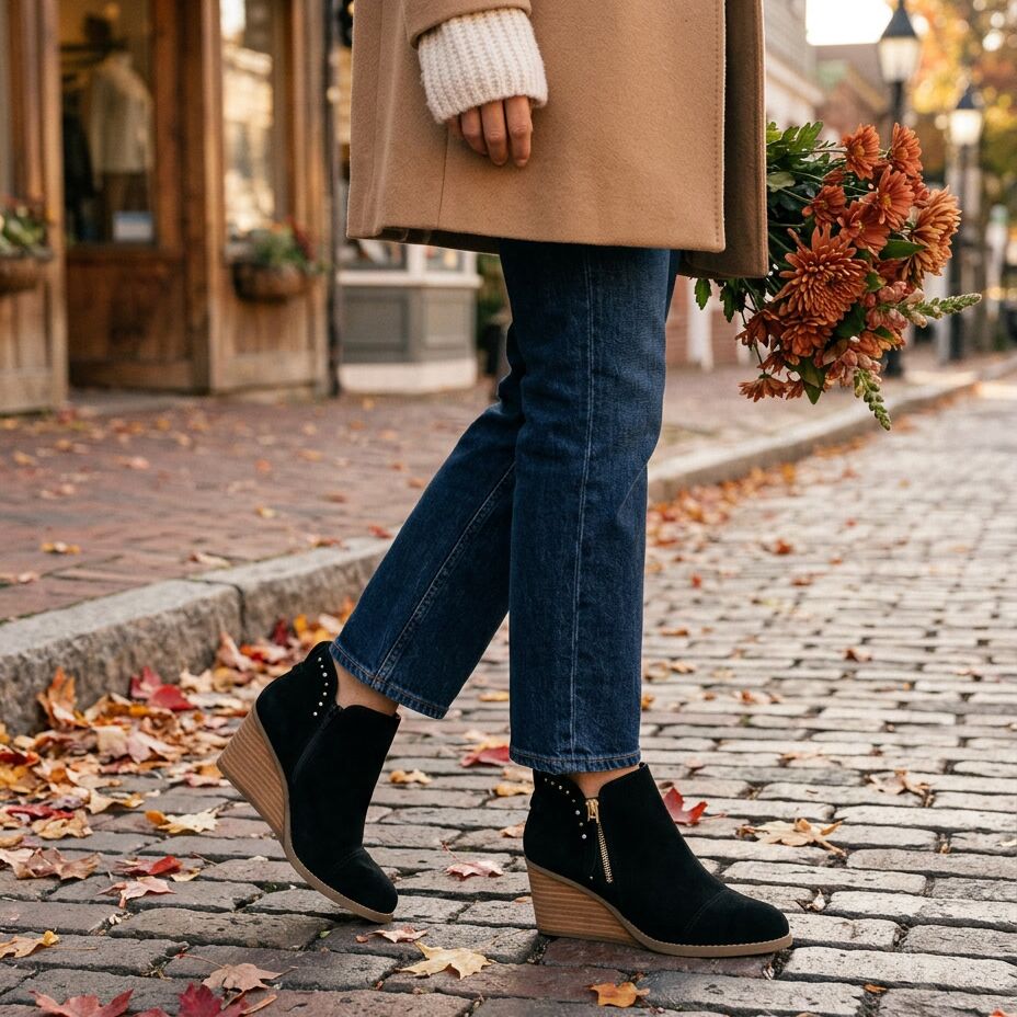 On model image of the Womens Goldie Wedge Ankle Bootie Black Suede with Studs