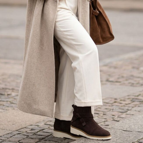 On model image of the Womens Marlow Boot Water Repellent Chocolate Brown Suede