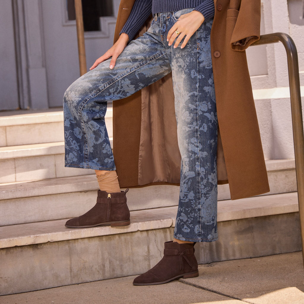 On model image of the  Women's chocolate brown suede boot
