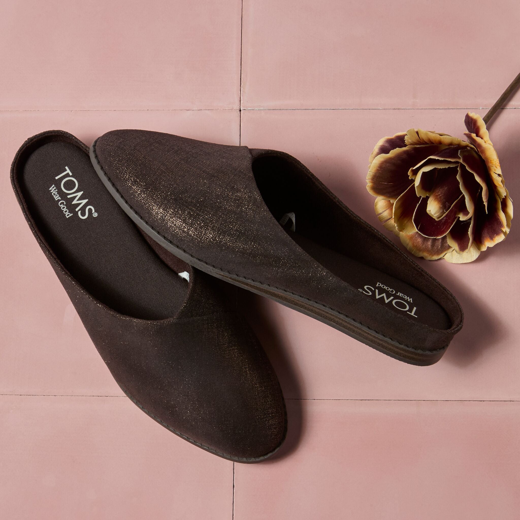 Laydown image of the shimmer chocolate brown Amelia slip on mule