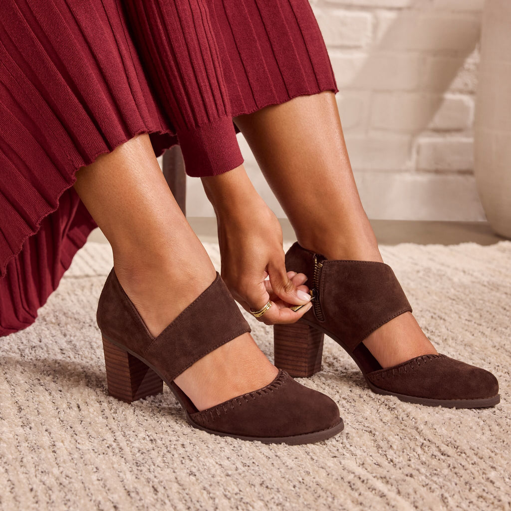 On model image of the Womens Milan Nova Heel Chocolate Brown Kid Suede