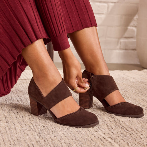 On model image of the Womens Milan Nova Heel Chocolate Brown Kid Suede