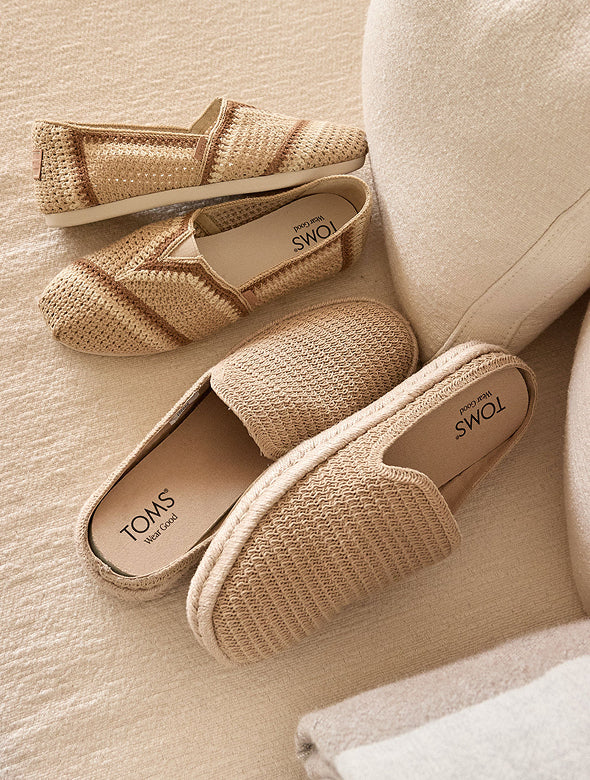 Close up of Almond Multi Engineered Crochet Alpargata and Oat Engineered Mesh Santiago Mule.