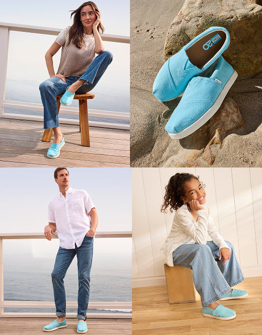 Models wearing cerulean blue Alpargatas in women, men, and kids' styles.