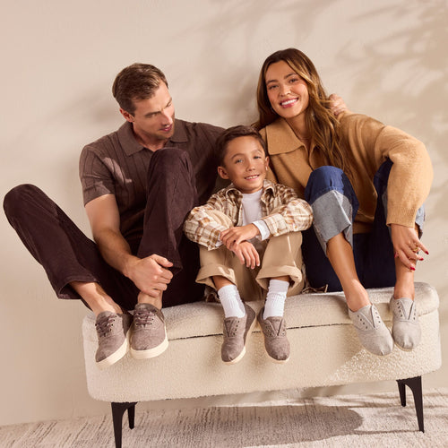 On model image of the Womens Cordones Plus Sneaker Light Grey Heritage Herringbone with family matching styles